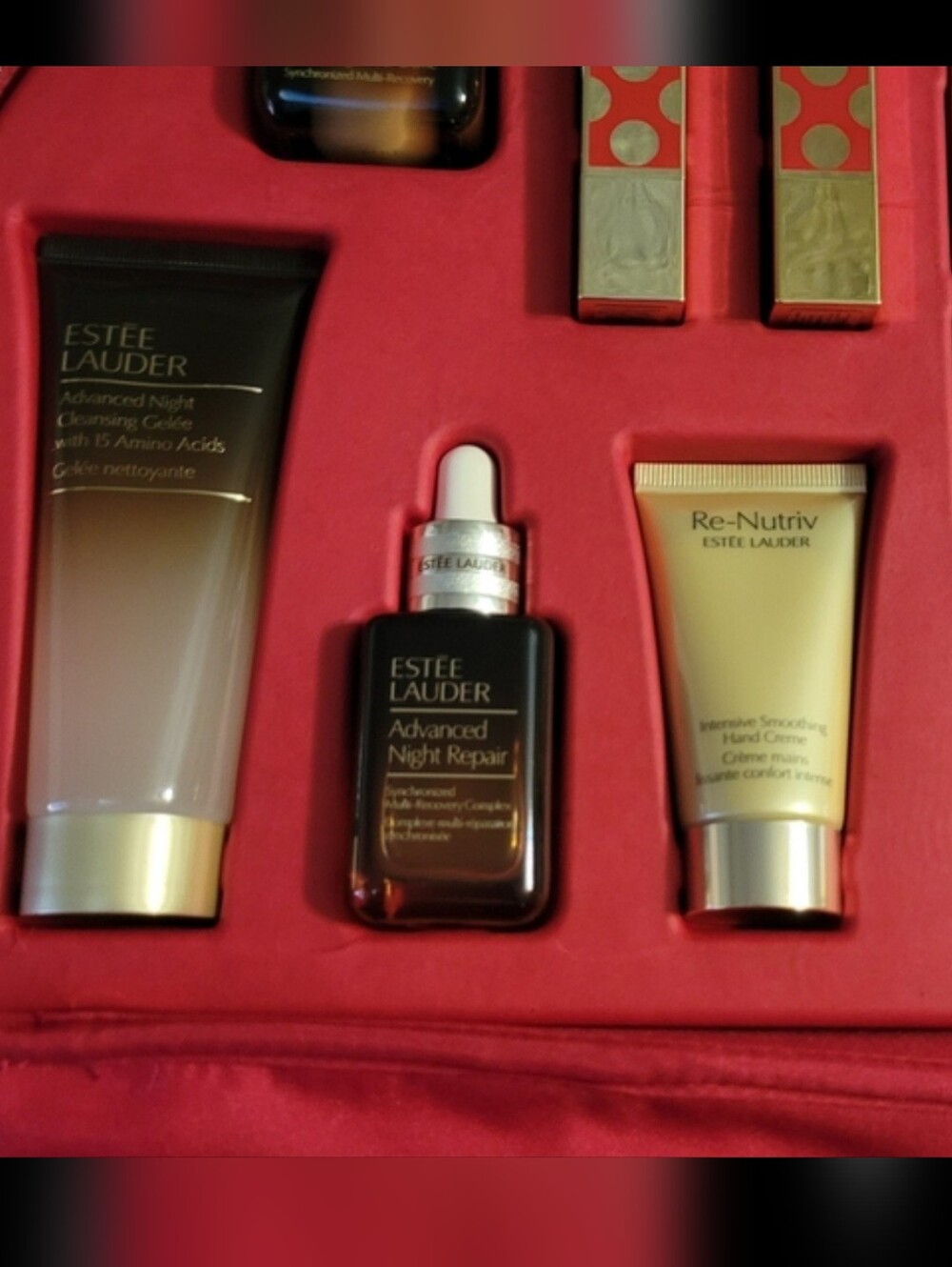 Estee Lauder Red Polka Dot Cosmetic Bag Filled with all new products